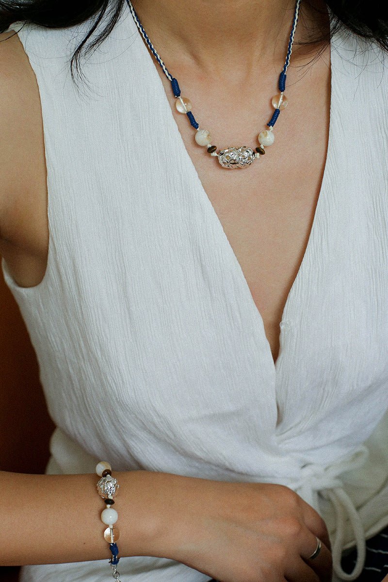 Peanut Woven Necklace – White Crystal & Shell Beads - floysun