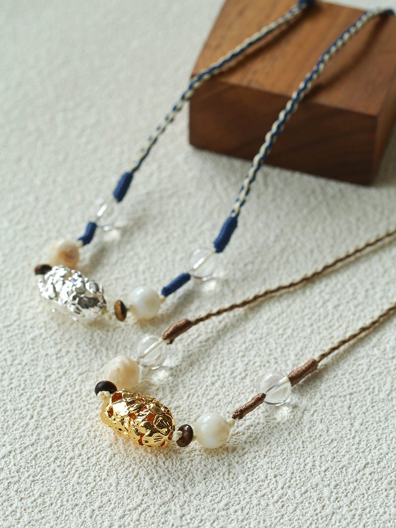 Peanut Woven Necklace – White Crystal & Shell Beads - floysun