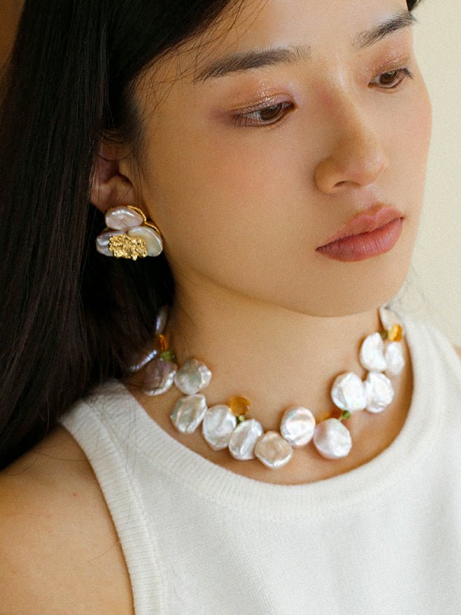 Petal Baroque Pearl Earrings - Three Petal Stud Earrings - floysun