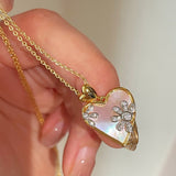 Pink Mother of Pearl Heart Necklace with Daisy CZ Detail - floysun