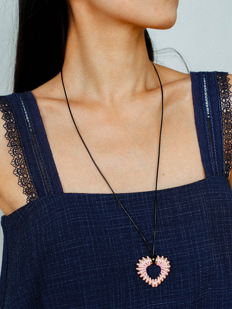Pink Woven Heart Necklace – Sweet & Edgy Adjustable Cord Jewelry - floysun