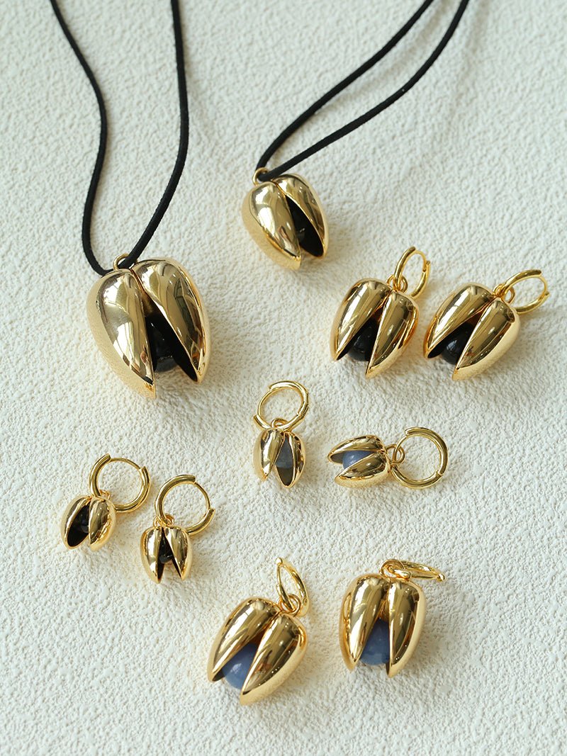 Pistachio Bloom & Natural Stone Bud Earrings - Gold - floysun