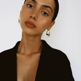 Polished Drop U - Shaped Gold Hoop Earrings with Clear Crystal - floysun