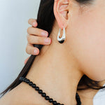 Polished Drop U - Shaped Silver Hoop Earrings with Black Onyx - floysun