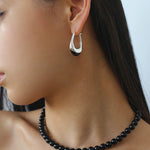 Polished Drop U - Shaped Silver Hoop Earrings with Black Onyx - floysun