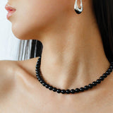 Polished Drop U - Shaped Silver Hoop Earrings with Black Onyx - floysun