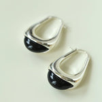 Polished Drop U - Shaped Silver Hoop Earrings with Black Onyx - floysun
