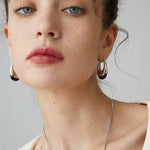 Polished Drop U - Shaped Silver Hoop Earrings with Black Onyx - floysun