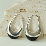 Polished Drop U - Shaped Silver Hoop Earrings with Black Onyx - floysun