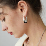 Polished Drop U - Shaped Silver Hoop Earrings with Black Onyx - floysun