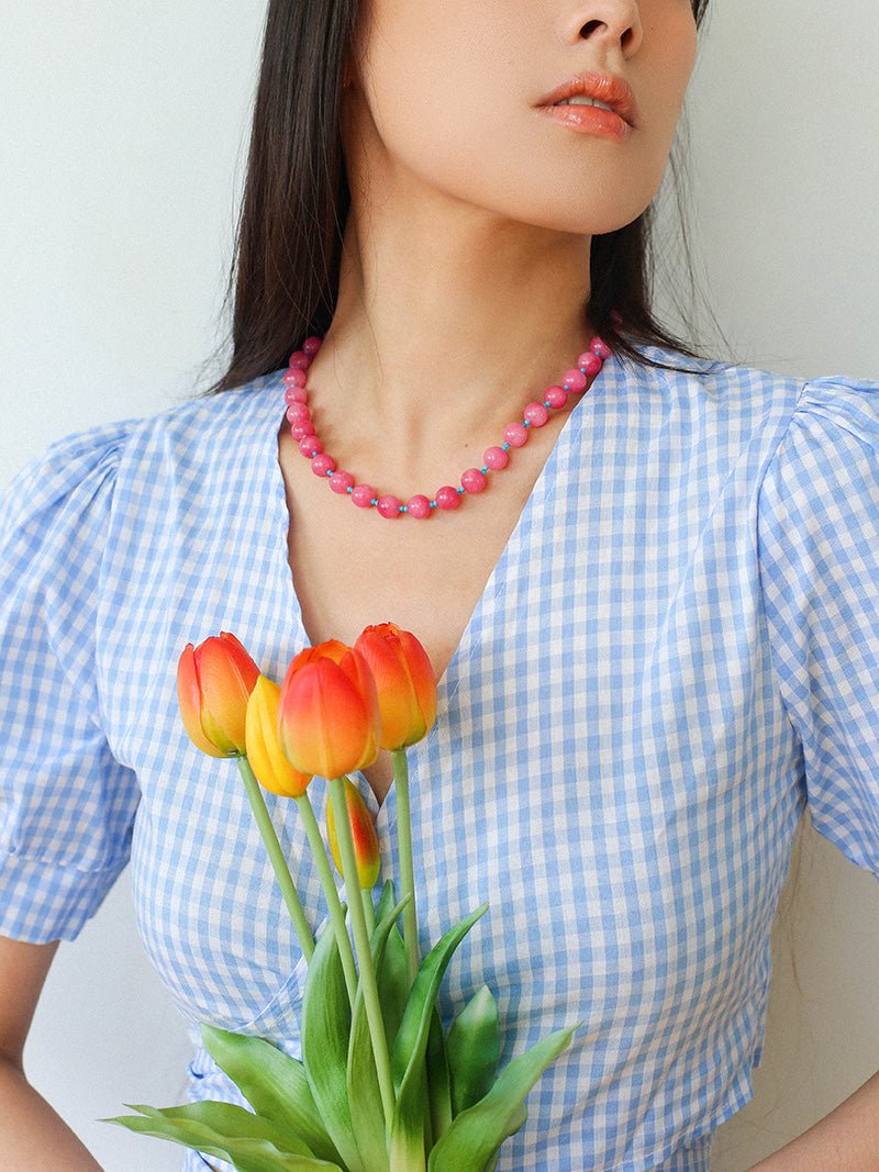 Radiant Rose Red & Turquoise Beaded Necklace - floysun