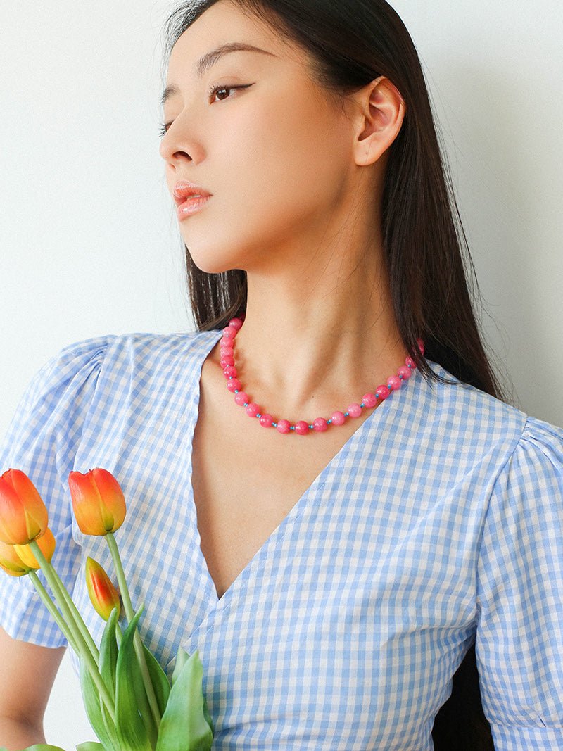 Radiant Rose Red & Turquoise Beaded Necklace - floysun