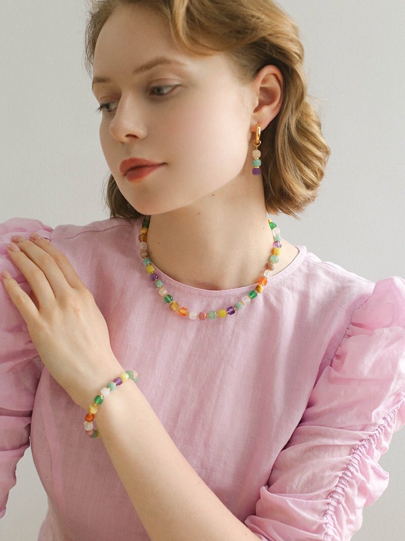 Rainbow Candy Cube Gemstone Beaded Necklace - floysun