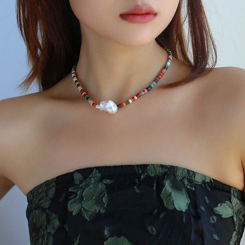 Rainbow Stone Baroque Pearl Necklace - floysun