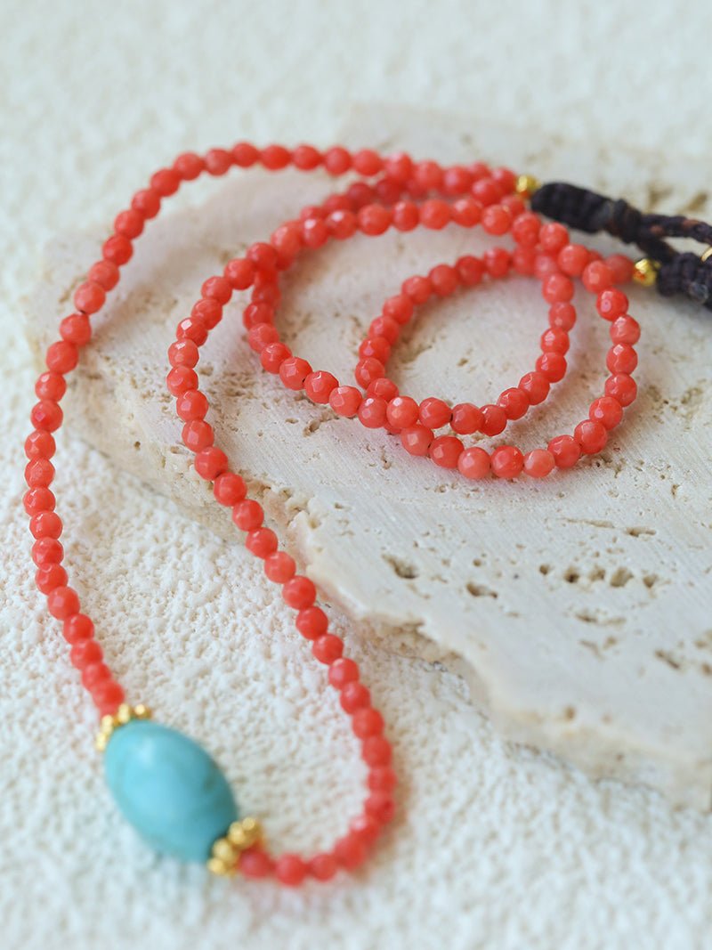 Red Faceted Beads & Turquoise Collar Necklace – Layered Choker - floysun