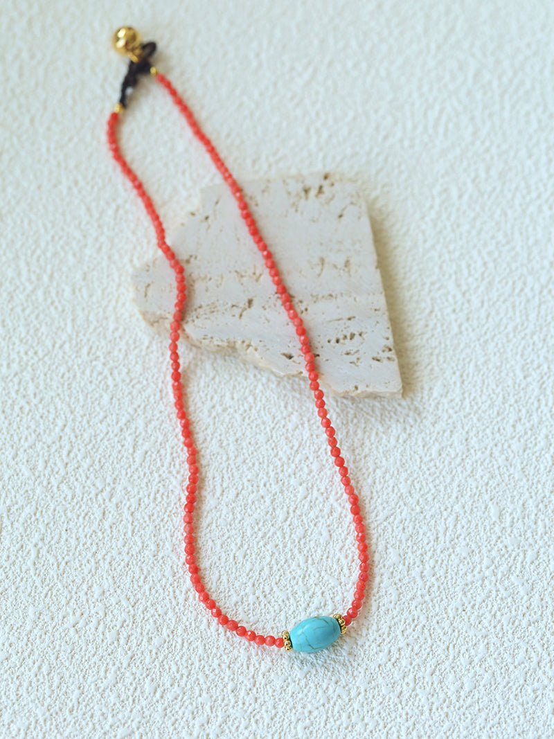 Red Faceted Beads & Turquoise Collar Necklace – Layered Choker - floysun