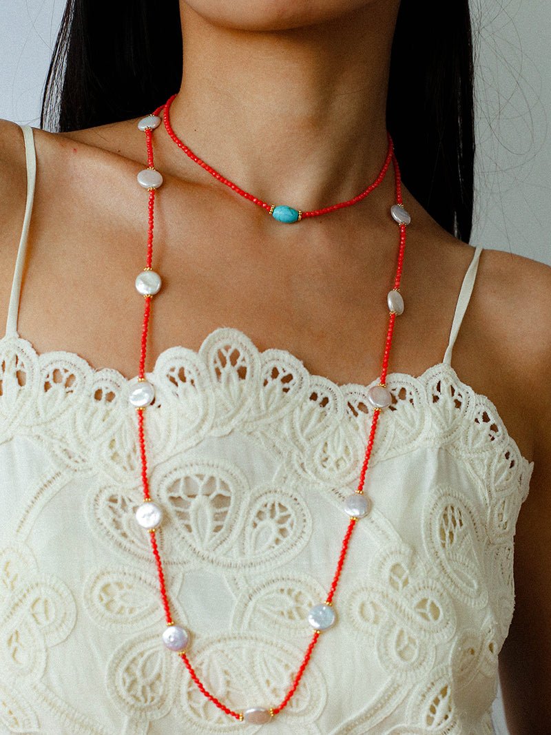 Red Faceted Beads & Turquoise Collar Necklace – Layered Choker - floysun