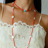 Red Faceted Beads & Turquoise Collar Necklace – Layered Choker - floysun
