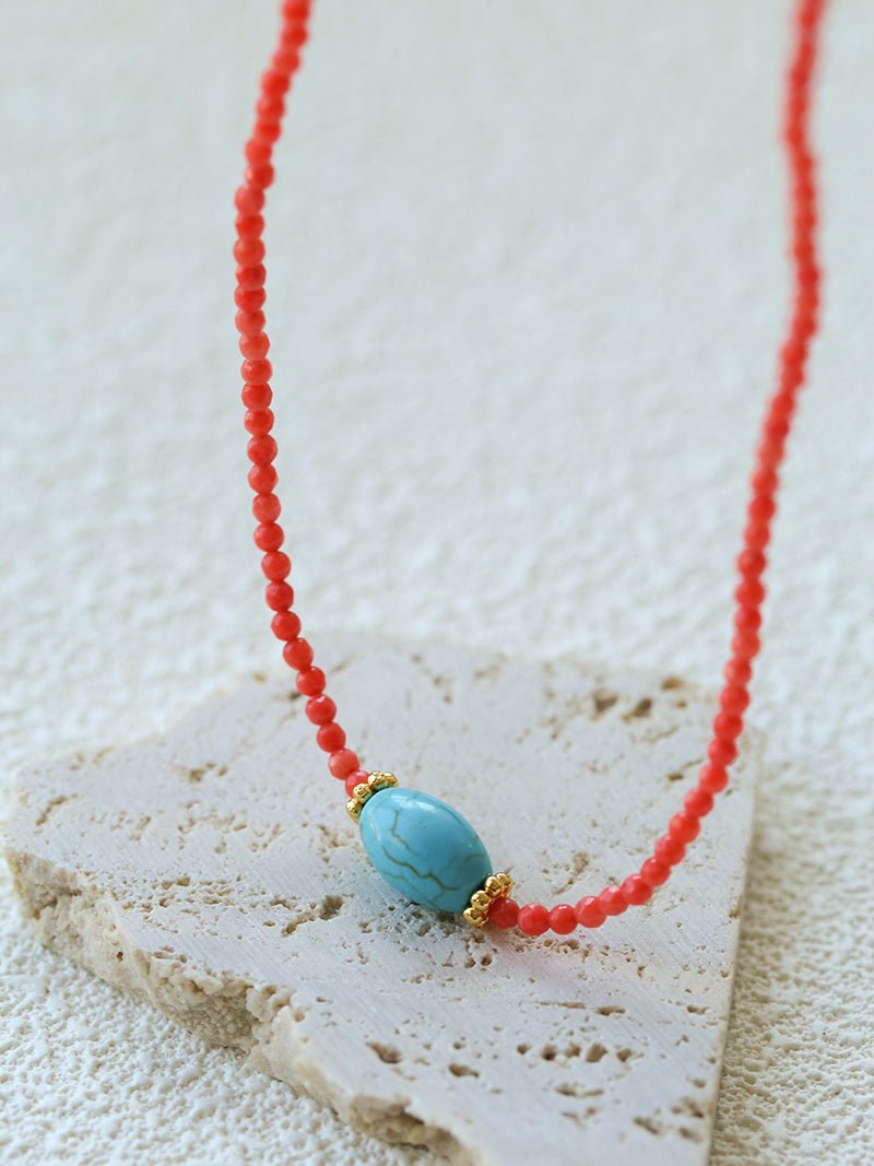 Red Faceted Beads & Turquoise Collar Necklace – Layered Choker - floysun