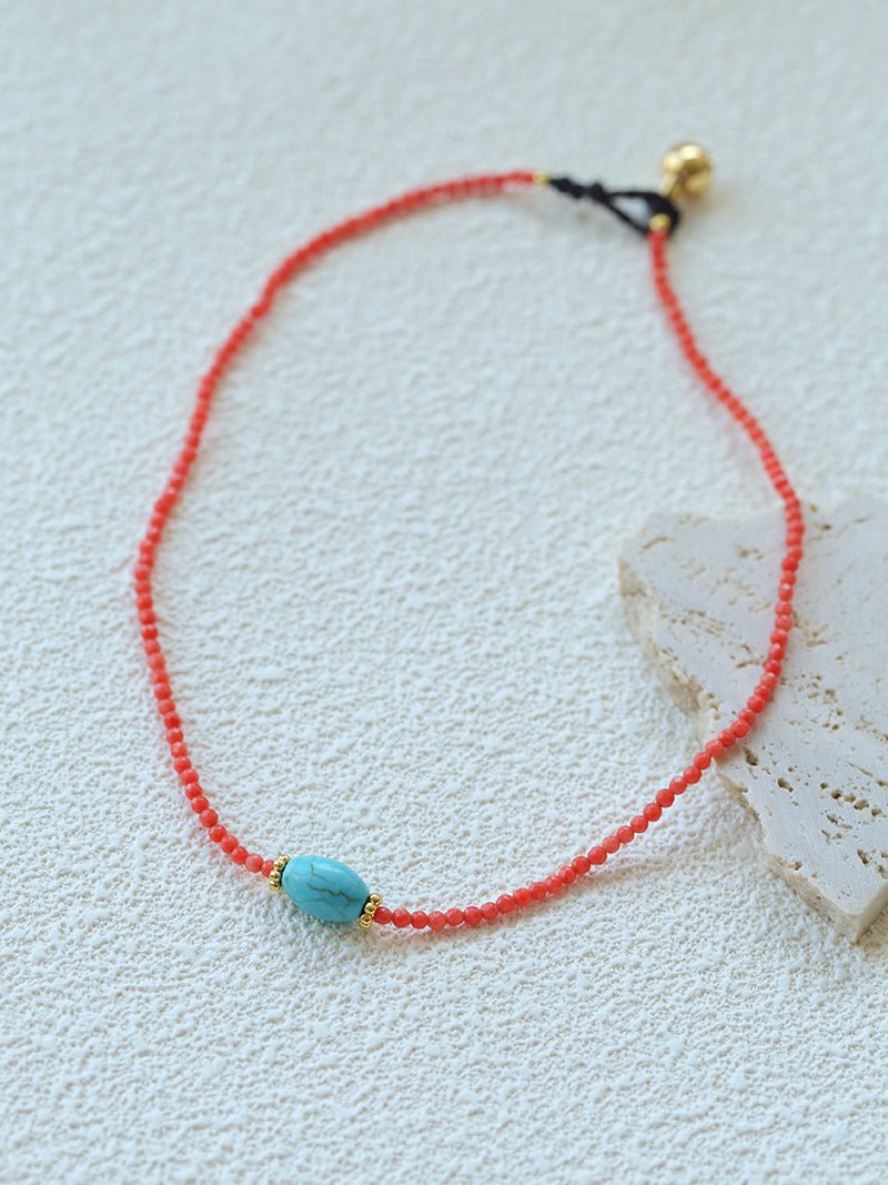 Red Faceted Beads & Turquoise Collar Necklace – Layered Choker - floysun