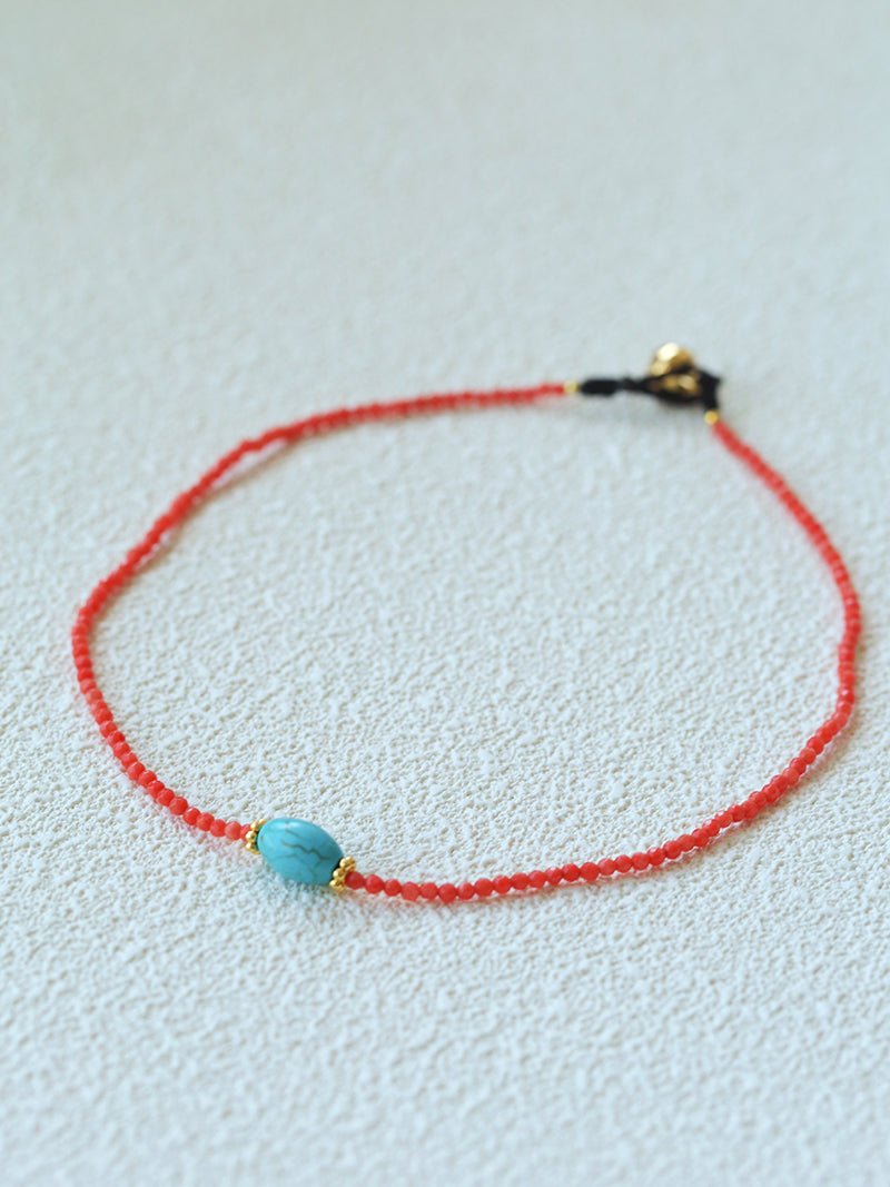Red Faceted Beads & Turquoise Collar Necklace – Layered Choker - floysun