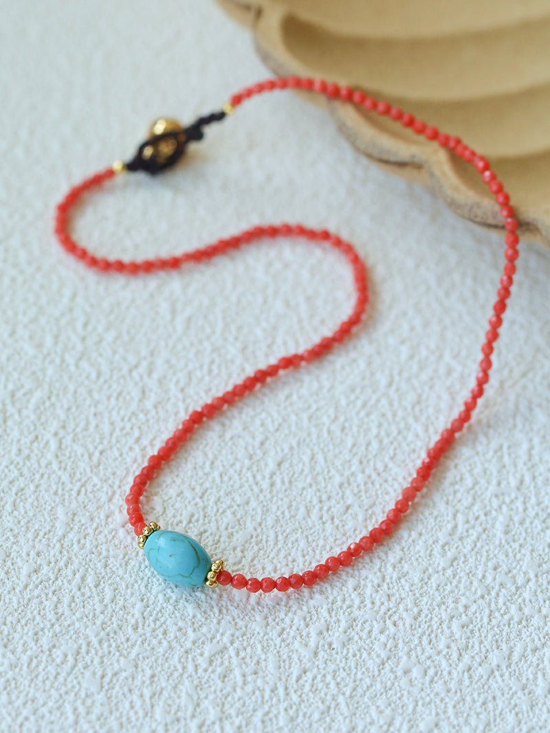 Red Faceted Beads & Turquoise Collar Necklace – Layered Choker - floysun