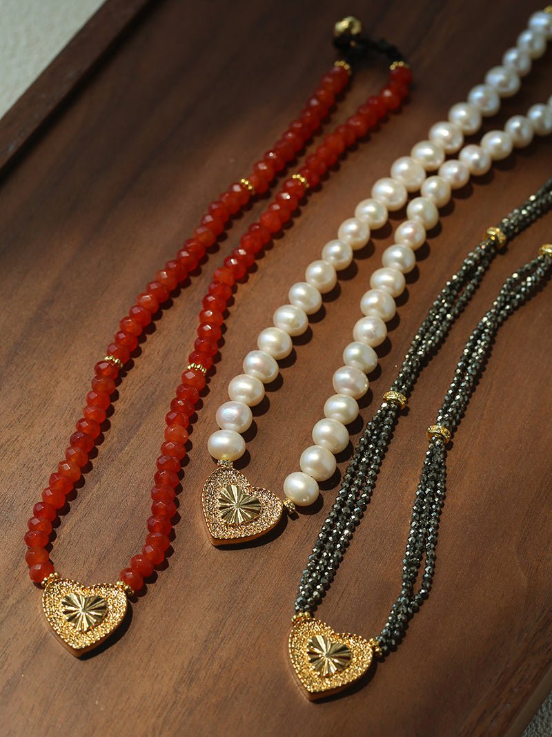 Red Romance – Red Bead Necklace with Vintage Heart Pendant - floysun