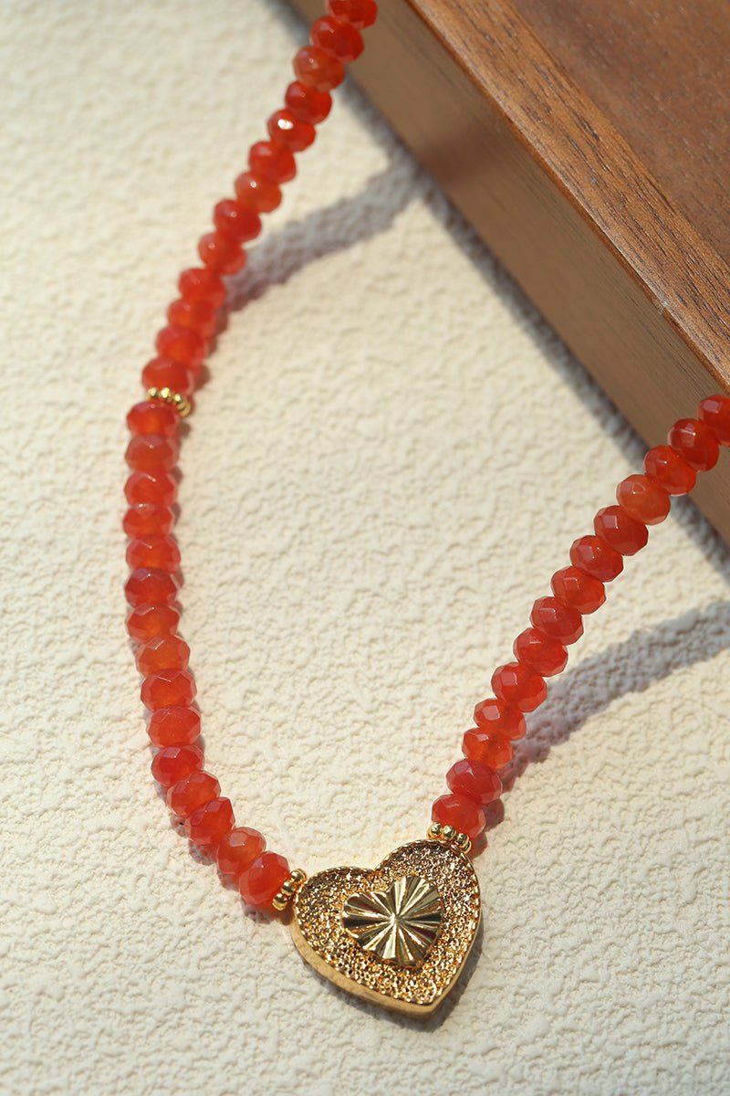 Red Romance – Red Bead Necklace with Vintage Heart Pendant - floysun