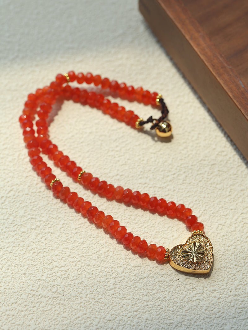 Red Romance – Red Bead Necklace with Vintage Heart Pendant - floysun