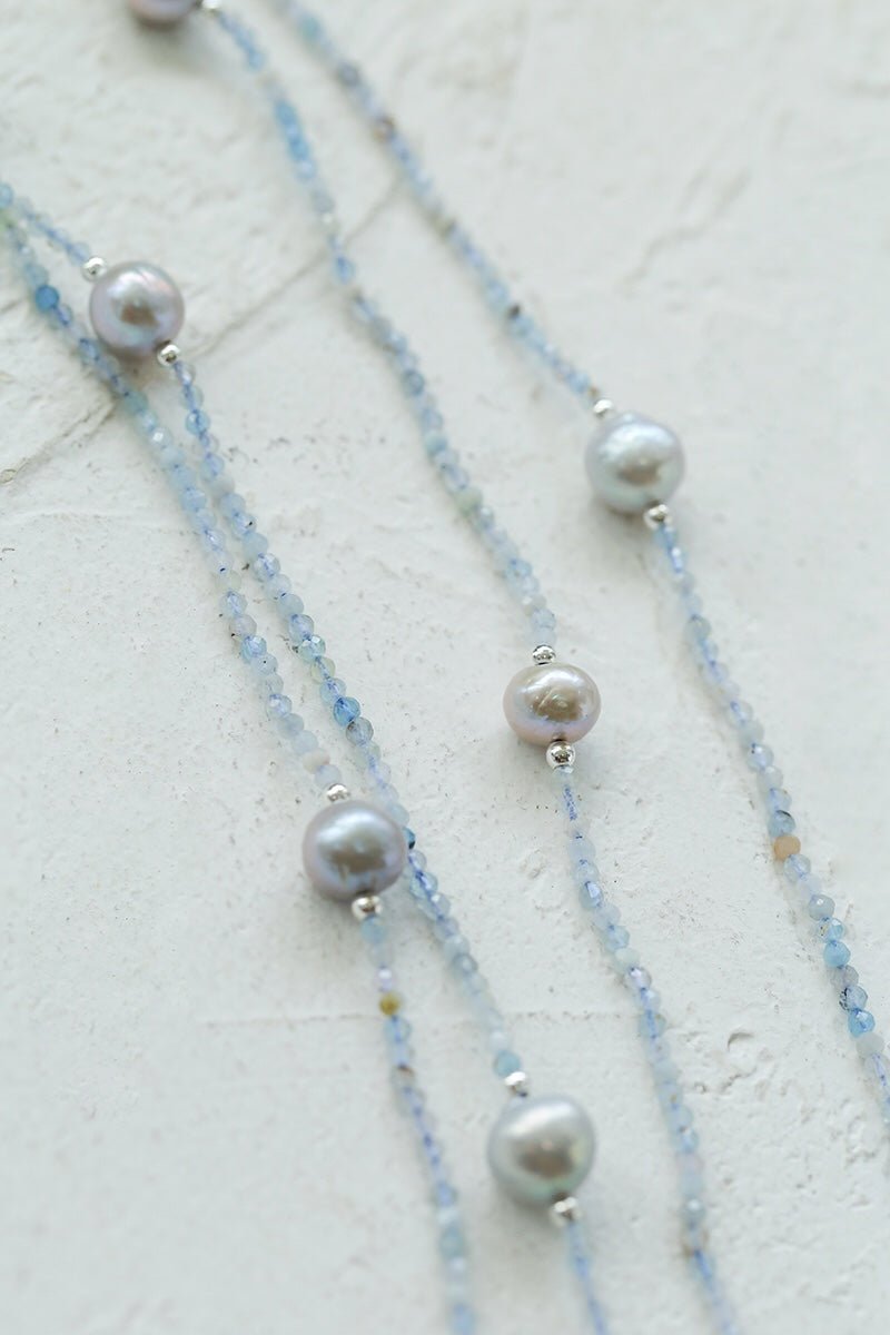 Refreshing Aquamarine Grey Pearl Long Beaded Necklace - floysun