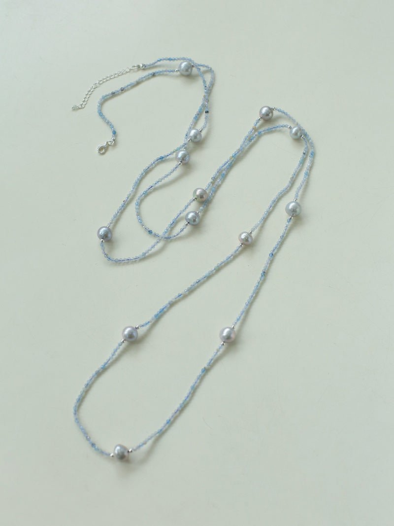 Refreshing Aquamarine Grey Pearl Long Beaded Necklace - floysun