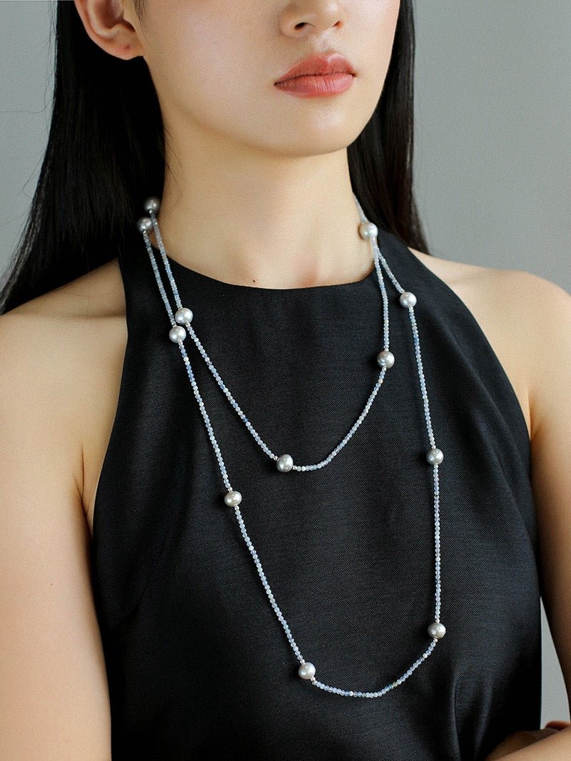 Refreshing Aquamarine Grey Pearl Long Beaded Necklace - floysun