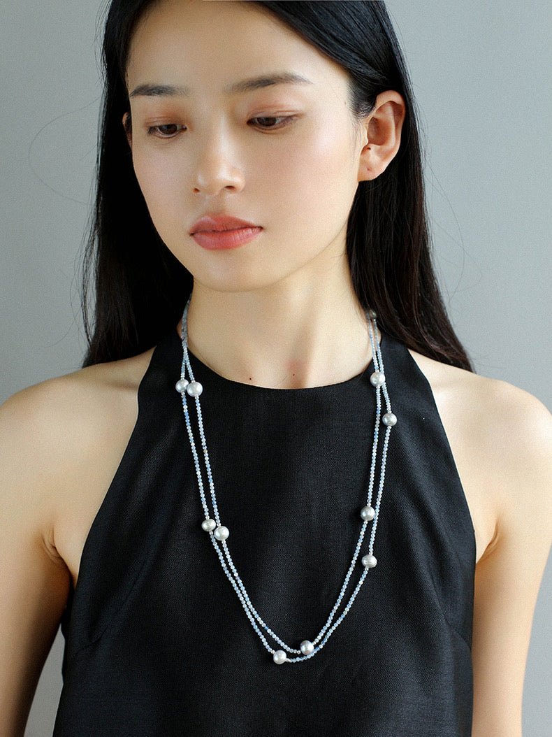 Refreshing Aquamarine Grey Pearl Long Beaded Necklace - floysun