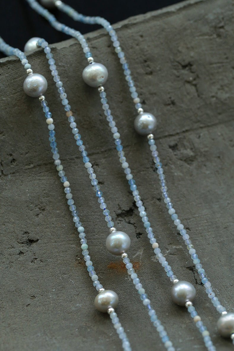 Refreshing Aquamarine Grey Pearl Long Beaded Necklace - floysun