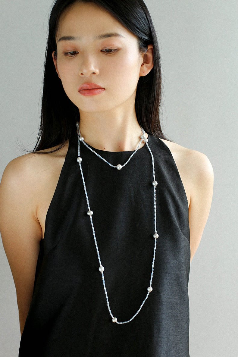 Refreshing Aquamarine Grey Pearl Long Beaded Necklace - floysun