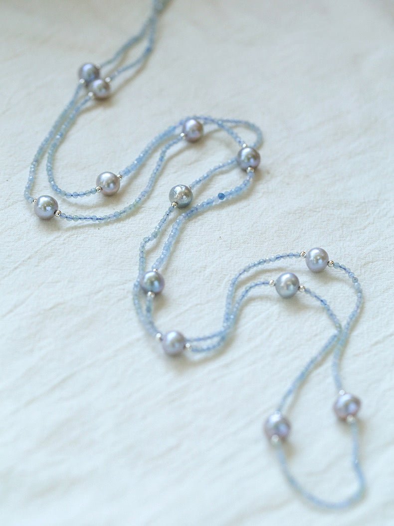 Refreshing Aquamarine Grey Pearl Long Beaded Necklace - floysun