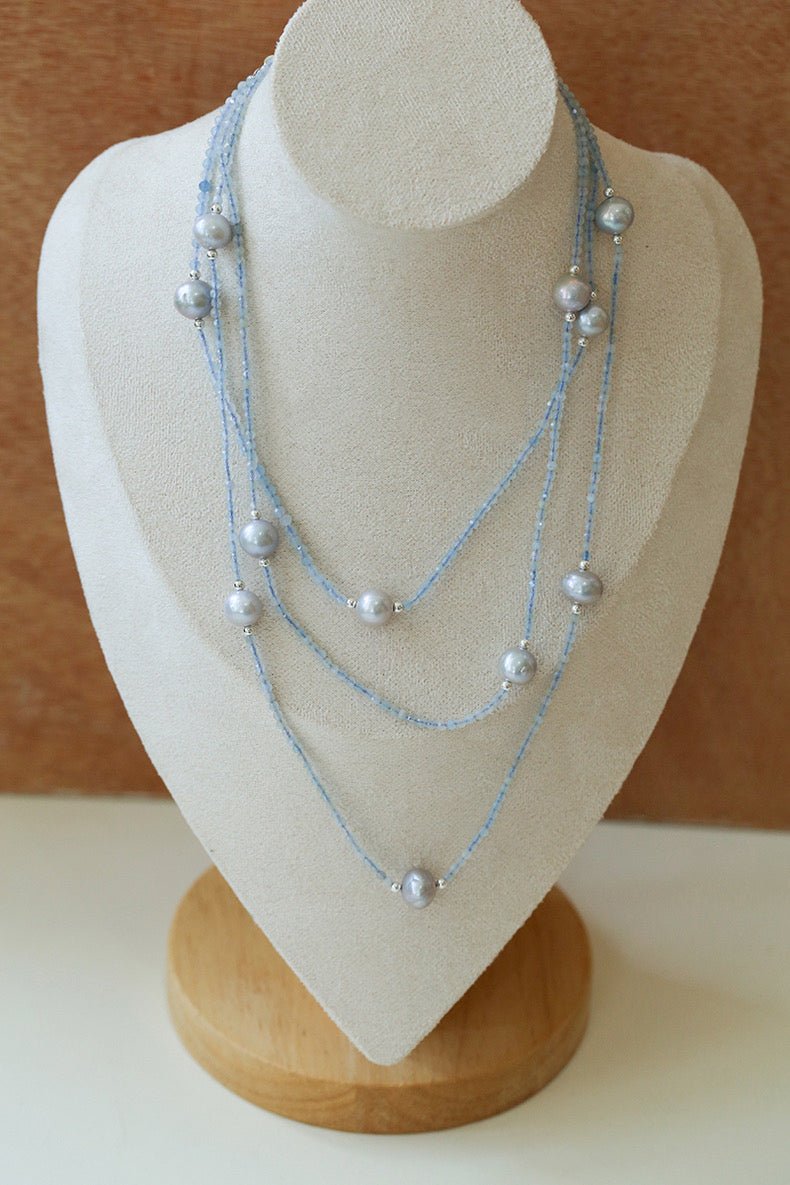 Refreshing Aquamarine Grey Pearl Long Beaded Necklace - floysun