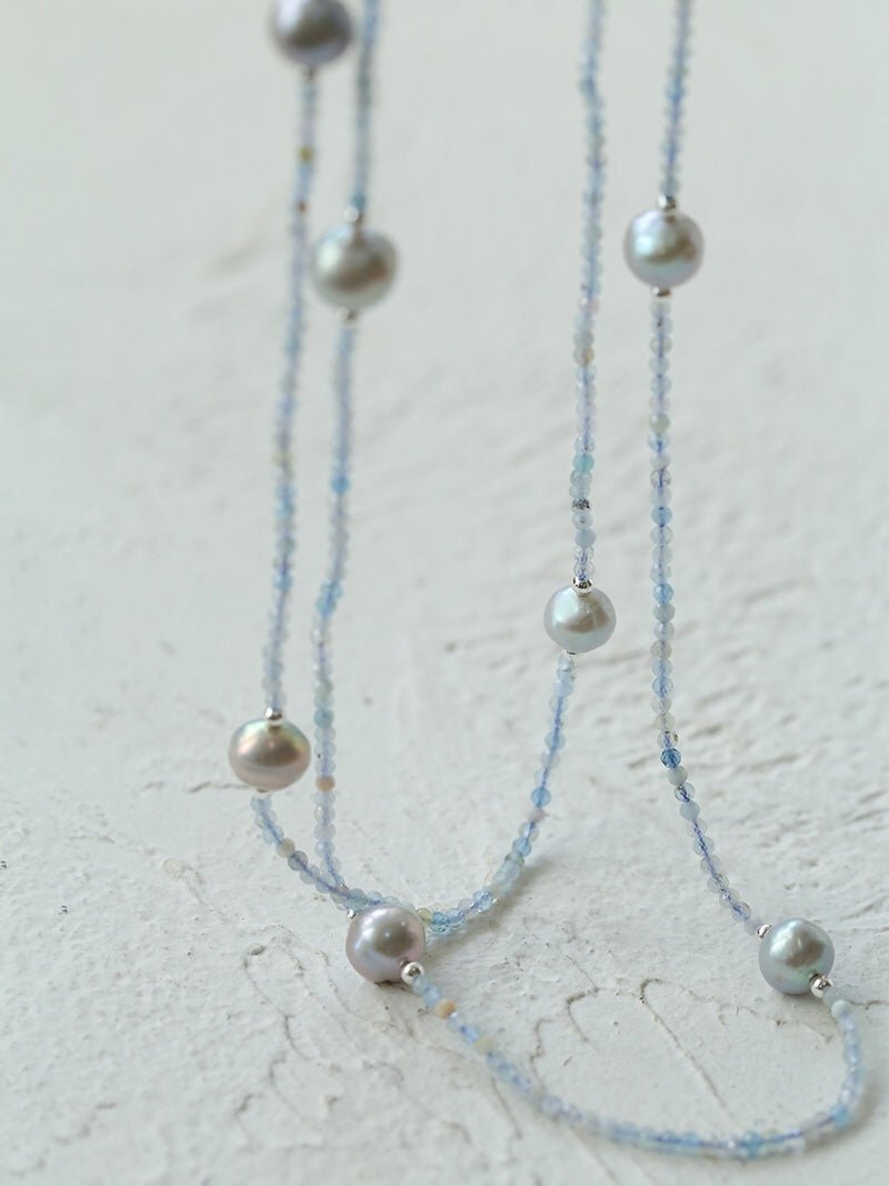Refreshing Aquamarine Grey Pearl Long Beaded Necklace - floysun