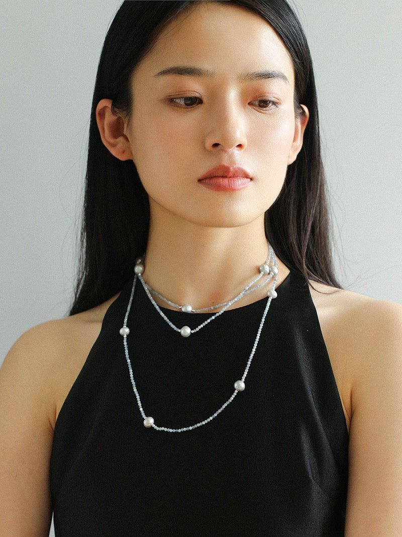 Refreshing Aquamarine Grey Pearl Long Beaded Necklace - floysun