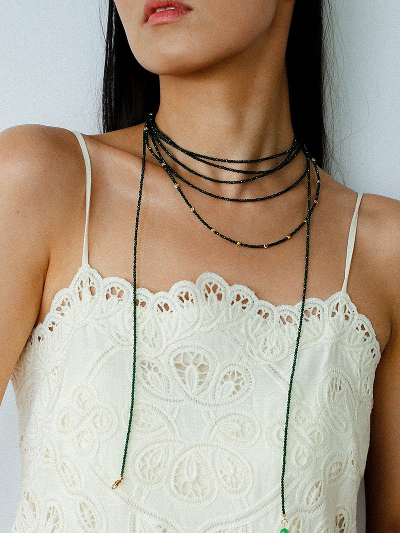 Retro Green Glass Bead Long Necklace – Convertible Layering Strand - floysun