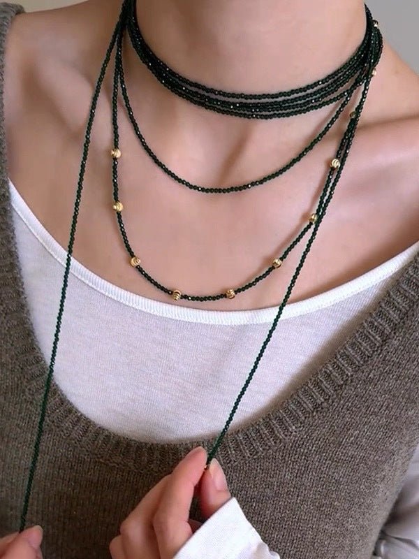 Retro Green Glass Bead Long Necklace – Convertible Layering Strand - floysun