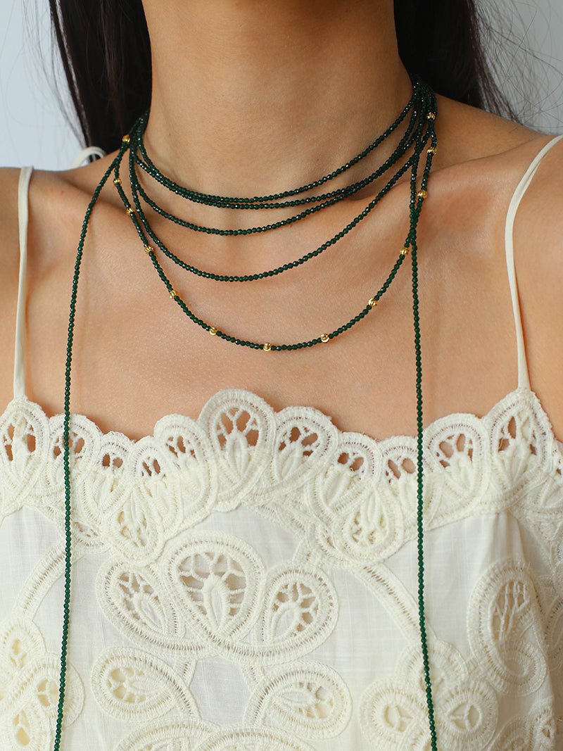 Retro Green Glass Bead Long Necklace – Convertible Layering Strand - floysun