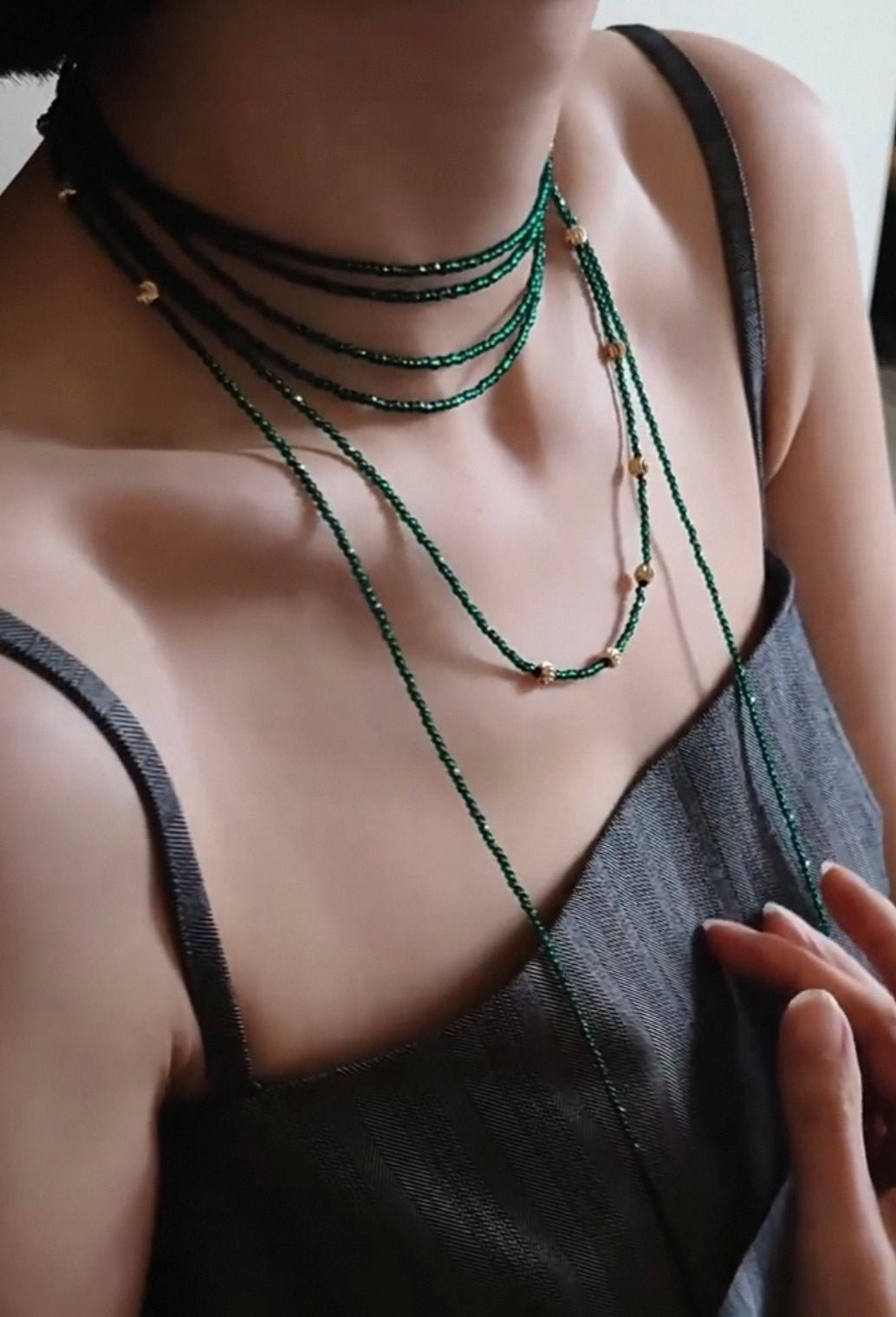 Retro Green Glass Bead Long Necklace – Convertible Layering Strand - floysun