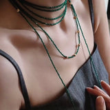Retro Green Glass Bead Long Necklace – Convertible Layering Strand - floysun