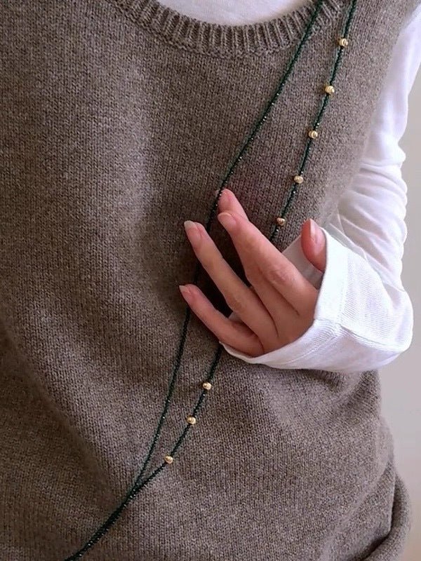 Retro Green Glass Bead Long Necklace – Convertible Layering Strand - floysun