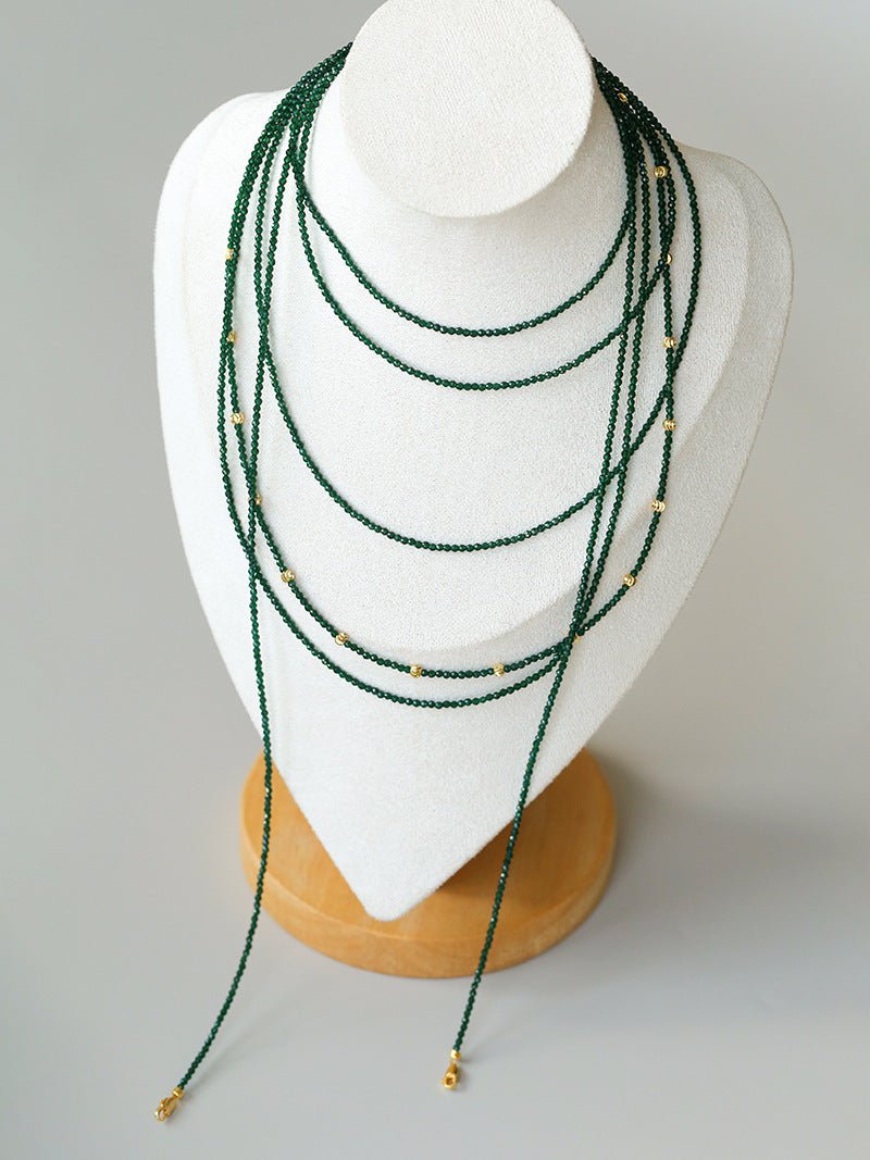Retro Green Glass Bead Long Necklace – Convertible Layering Strand - floysun