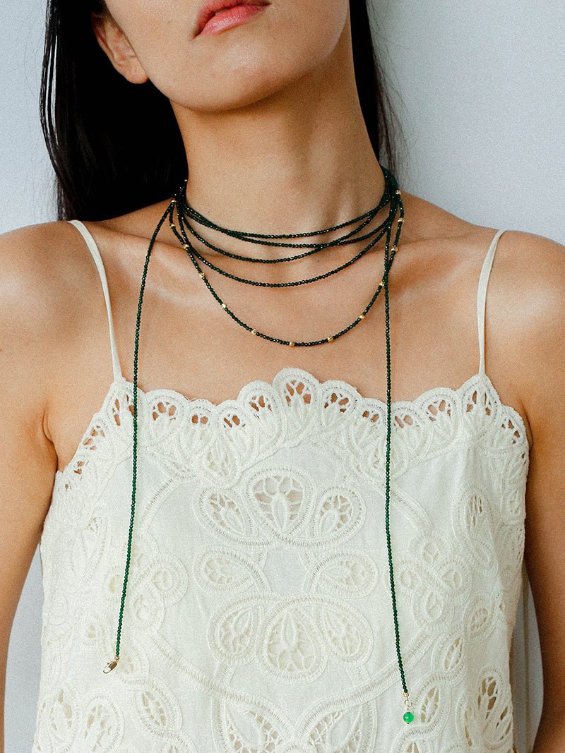Retro Green Glass Bead Long Necklace – Convertible Layering Strand - floysun