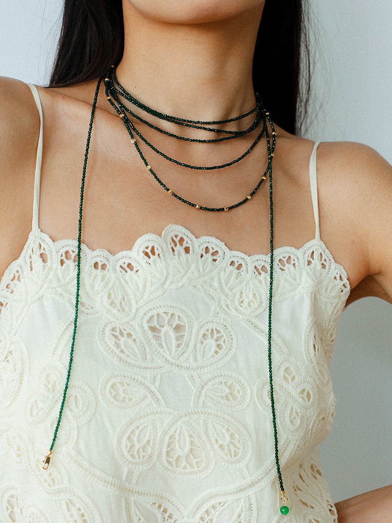 Retro Green Glass Bead Long Necklace – Convertible Layering Strand - floysun