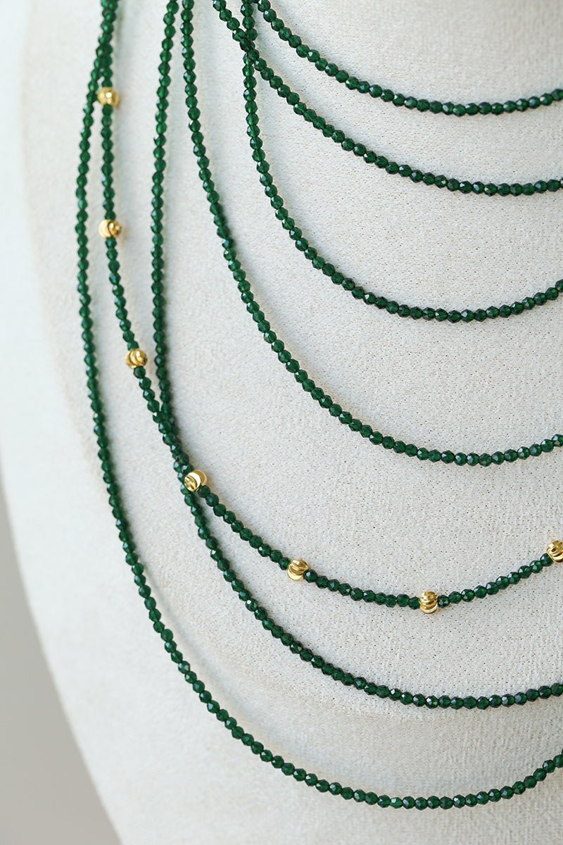 Retro Green Glass Bead Long Necklace – Convertible Layering Strand - floysun