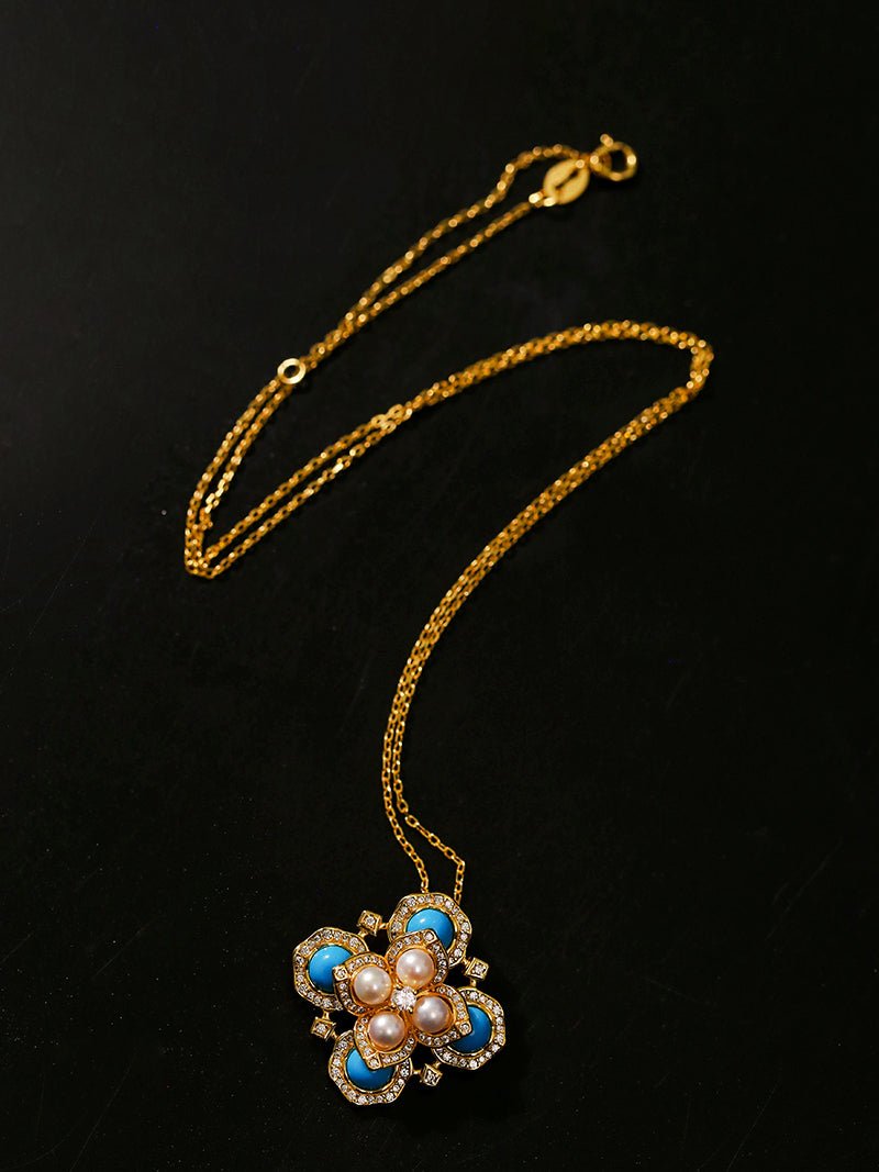 Retro Turquoise Clover Pearl Pendant Necklace - floysun
